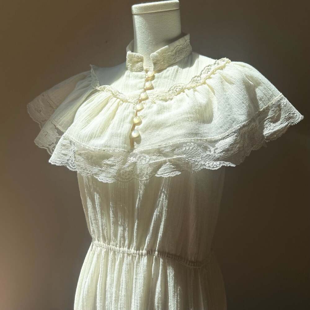 Vintage 1970s Victorian Prairie Lace Maxi Dress
With Cape